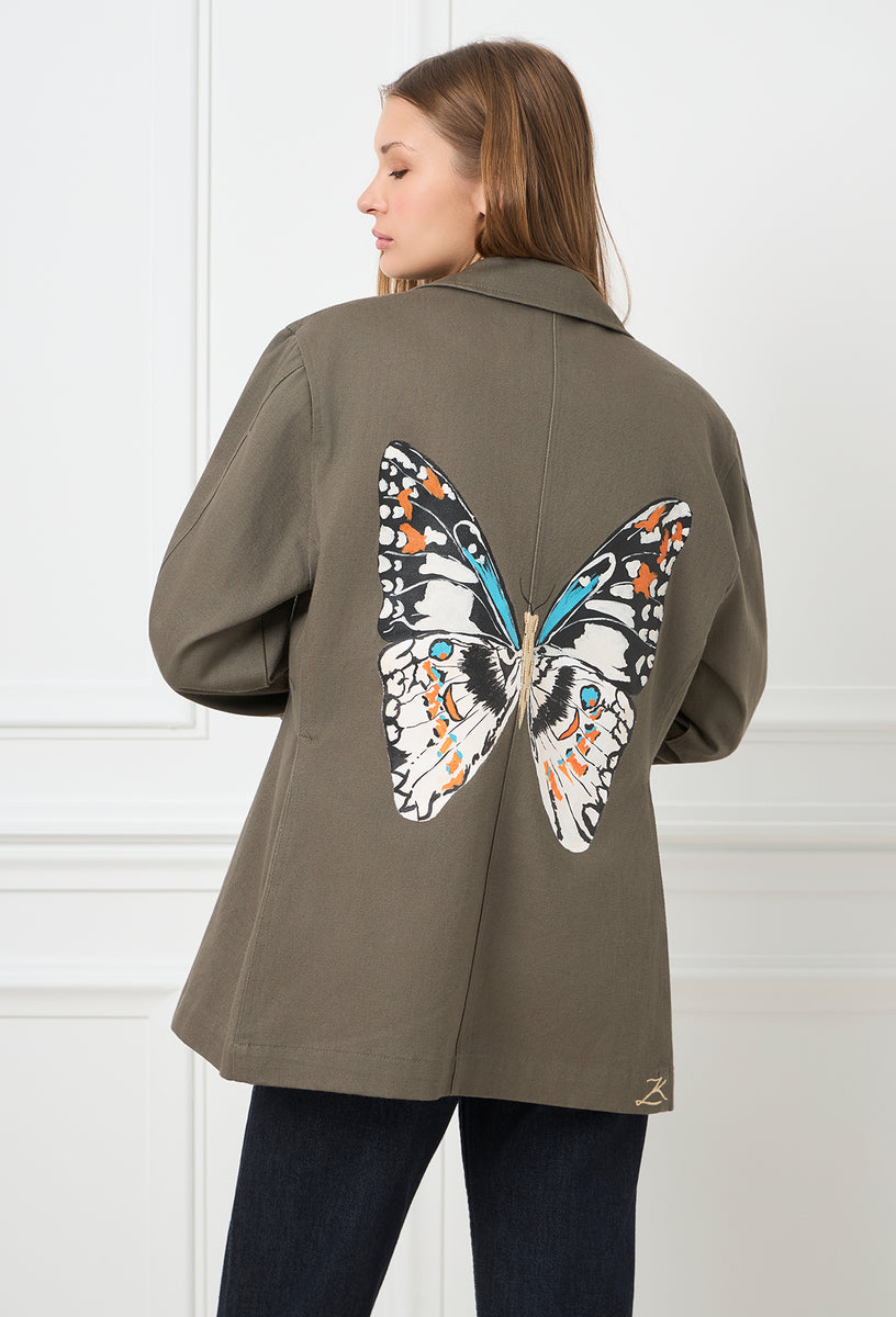butterfly sleeve butterfly embroidered lightweight twill cargo jacket