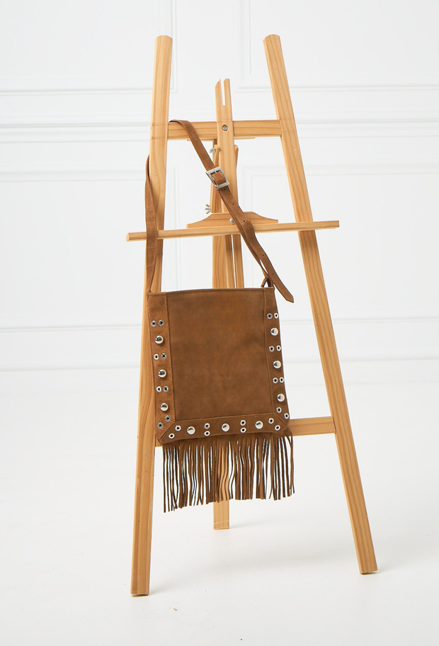 Fringe Suede Messenger Bag Taupe