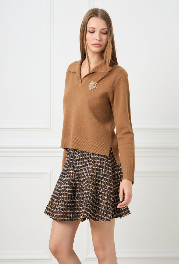 Star Knitted Polo Sweater Camel