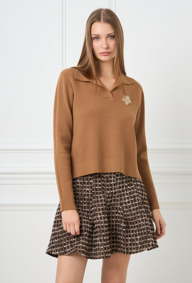 Star Knitted Polo Sweater Camel