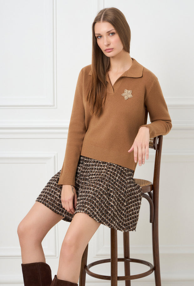 Star Knitted Polo Sweater Camel