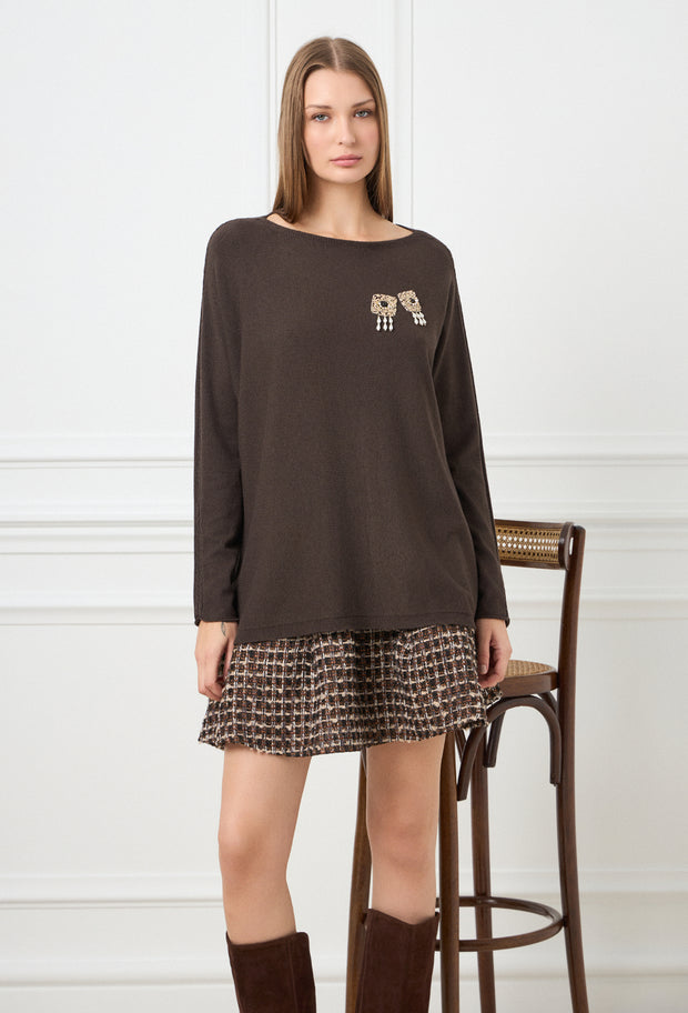 Pearl Jewel Knitted Blouse Brown