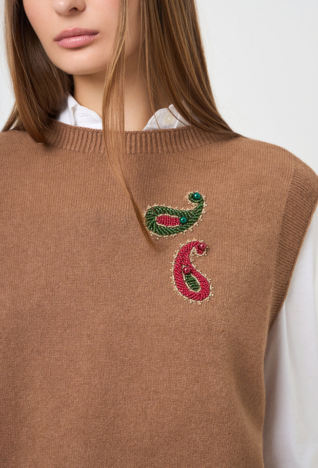 Paisley Knitted Vest Camel