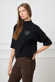 Heart Button Knitted Top Black
