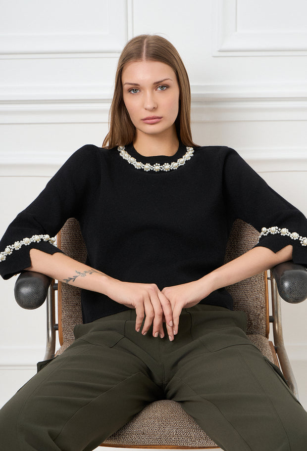 Pearl Love Knitted Top Black
